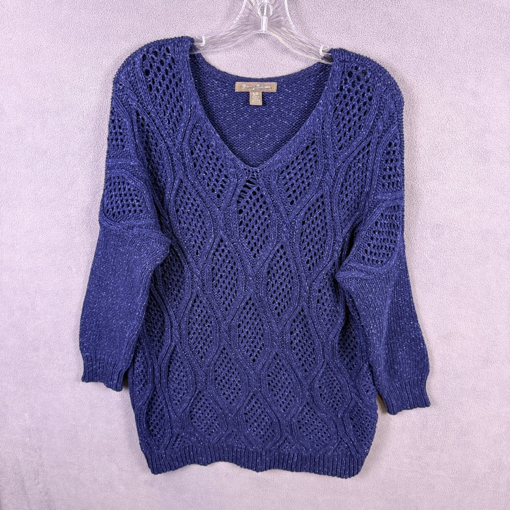 Tommy Bahama Sweater Women Size S Blue Open Knit Cable V-Neck Long Sleeve Cotton